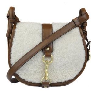 NWT Michael Kors Women`s Dark Caramel Jamie Medium Suede Shearling Saddle Bag